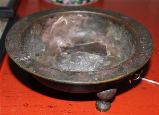 Set of 4 silk Oriental pictures, bronze censer &  tea pot